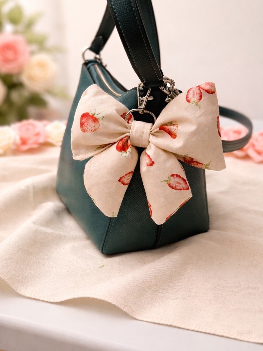 Strawberry Print Pink Bow Bag Charm for Kids